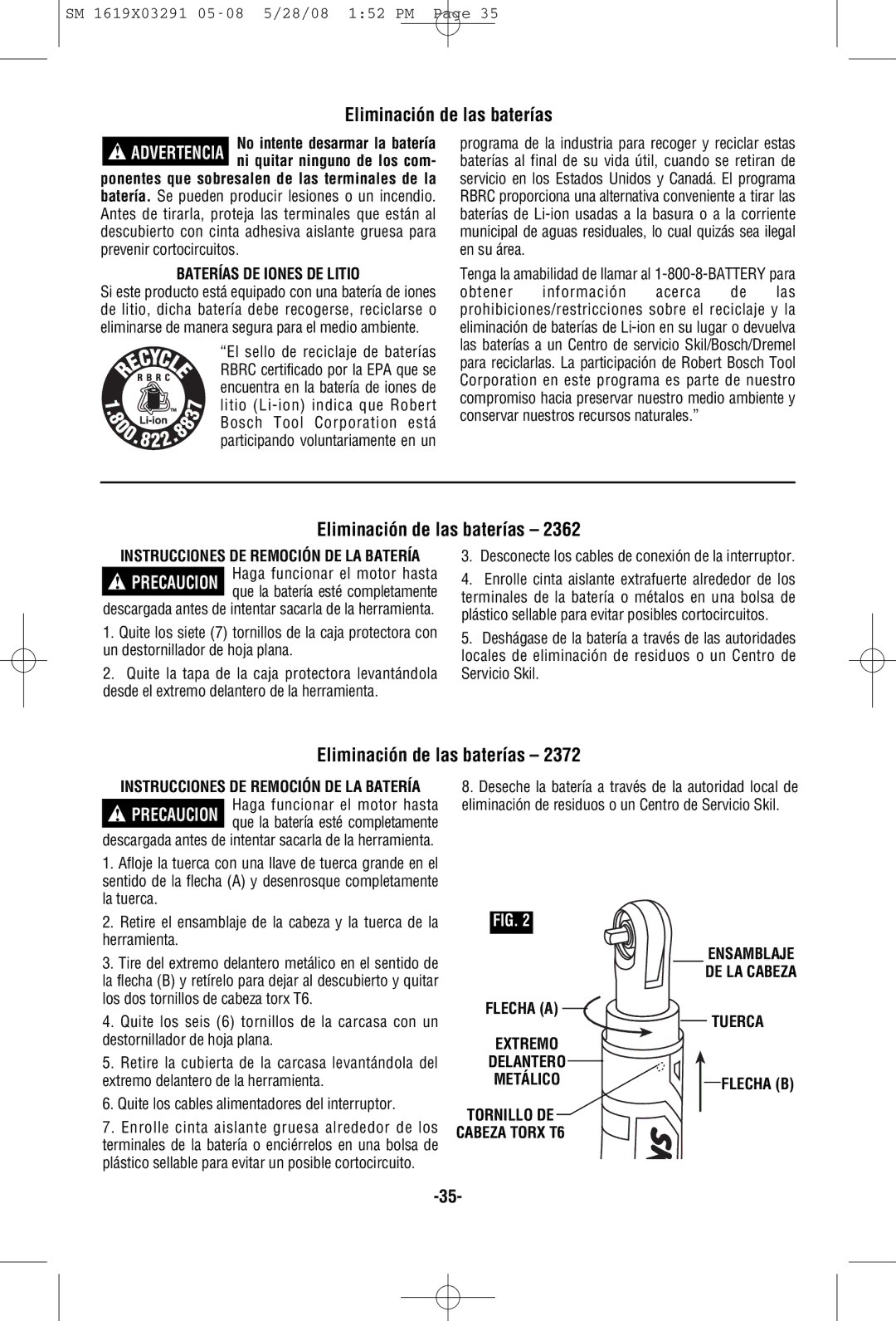 Skil 2372 manual Eliminación de las baterías, Baterías DE Iones DE Litio, Flecha a, Flecha B 