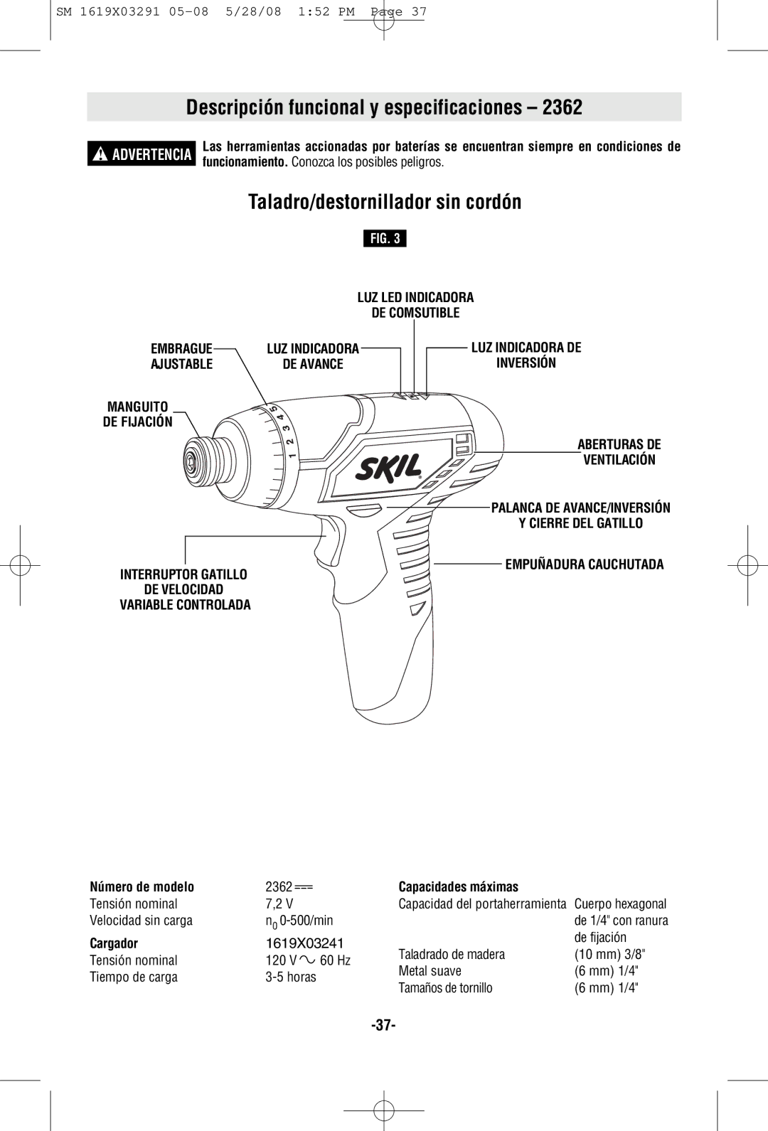 Skil 2372 manual Descripción funcional y especificaciones, Taladro/destornillador sin cordón, Ajustable 