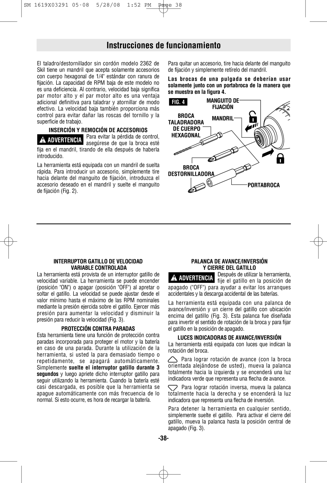 Skil 2372 manual Instrucciones de funcionamiento, Inserción Y Remoción DE Accesorios, Protección Contra Paradas 