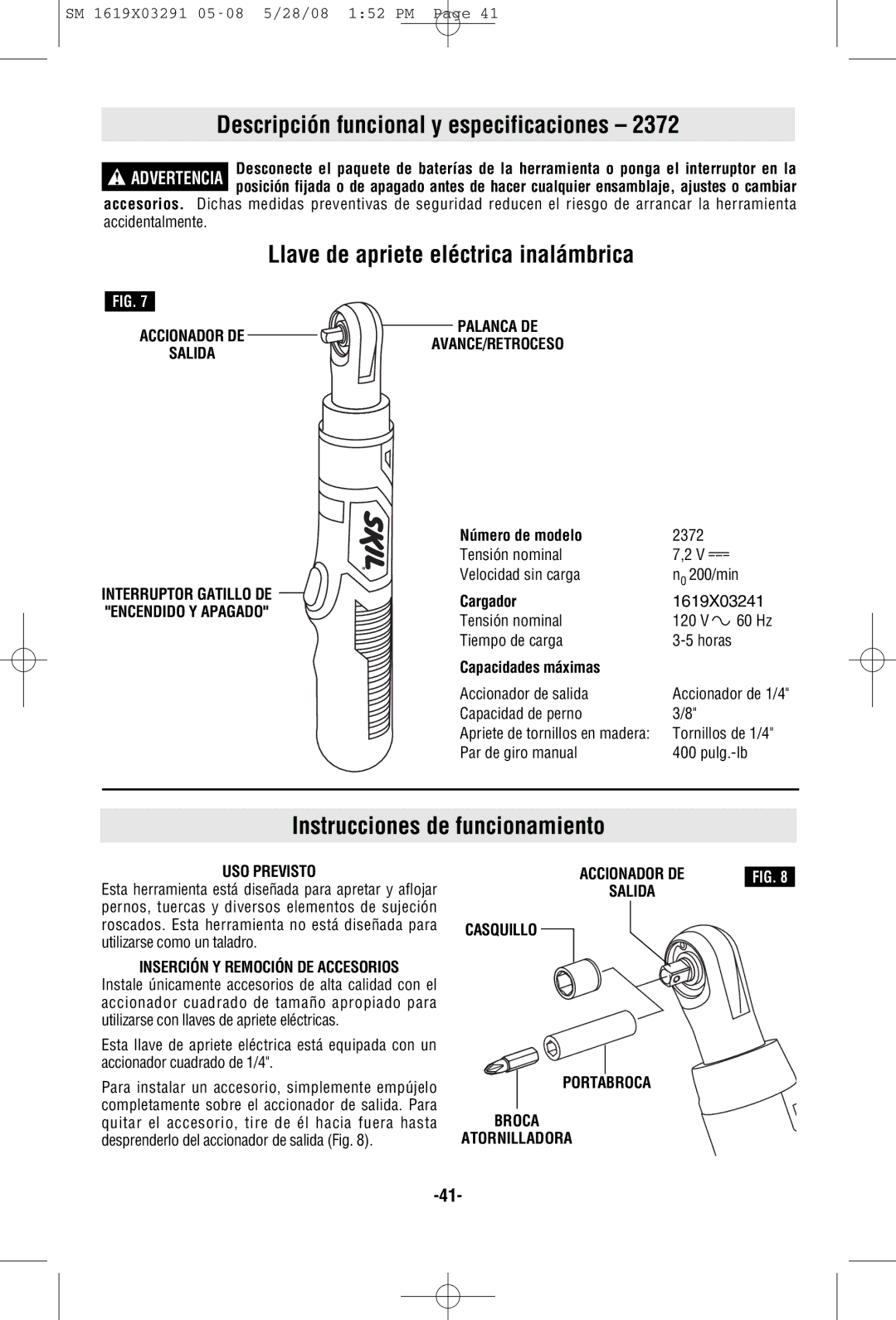 Skil 2372 manual Llave de apriete eléctrica inalámbrica, Accionador DE Salida, Palanca DE AVANCE/RETROCESO, USO Previsto 