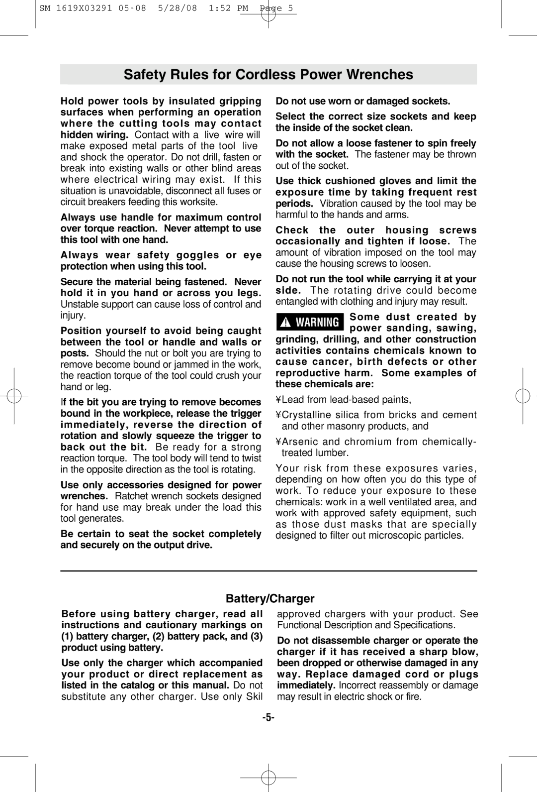 Skil 2372 manual Safety Rules for Cordless Power Wrenches, Battery/Charger 