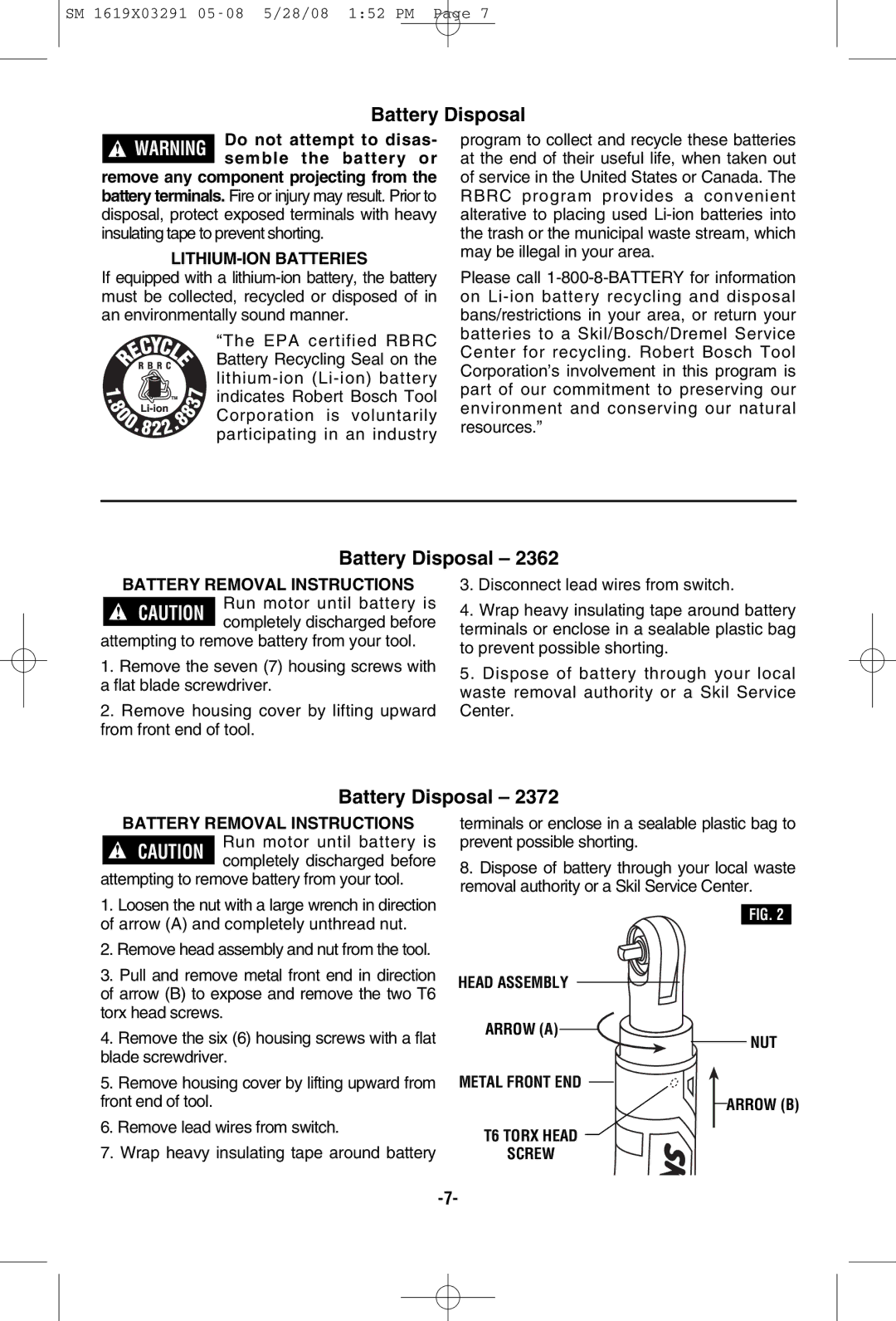 Skil 2372 manual Battery Disposal, Insulating tape to prevent shorting, LITHIUM-ION Batteries, Battery Removal Instructions 