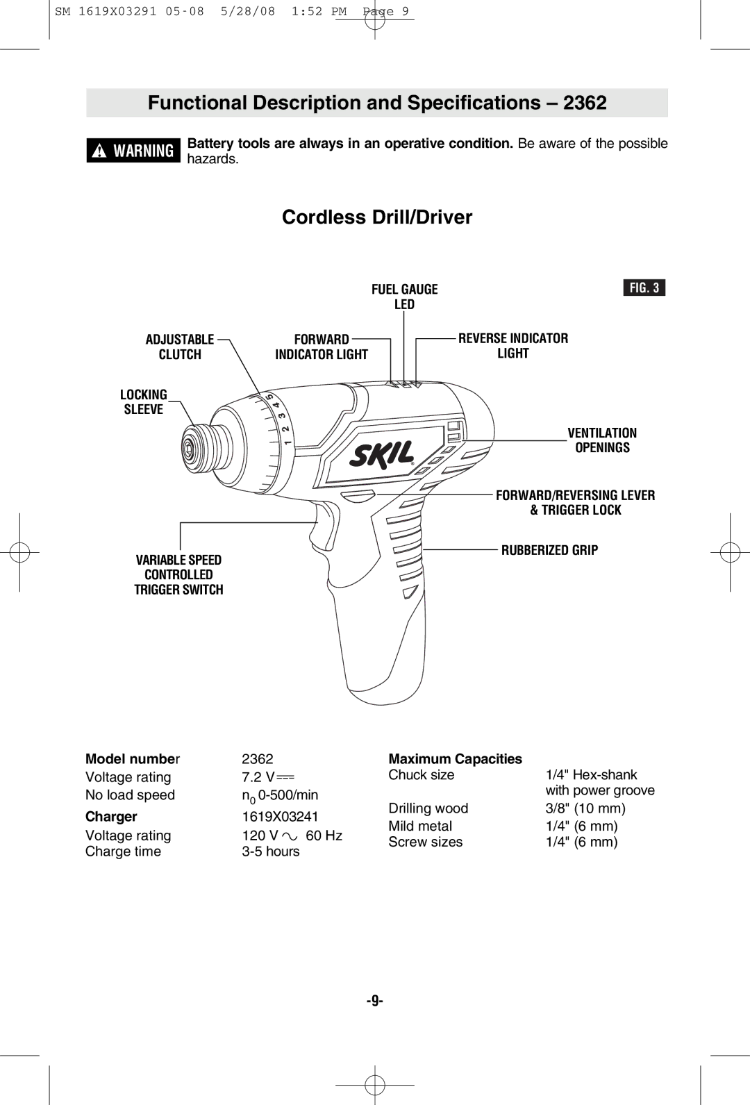 Skil 2372 manual Functional Description and Specifications, Cordless Drill/Driver 