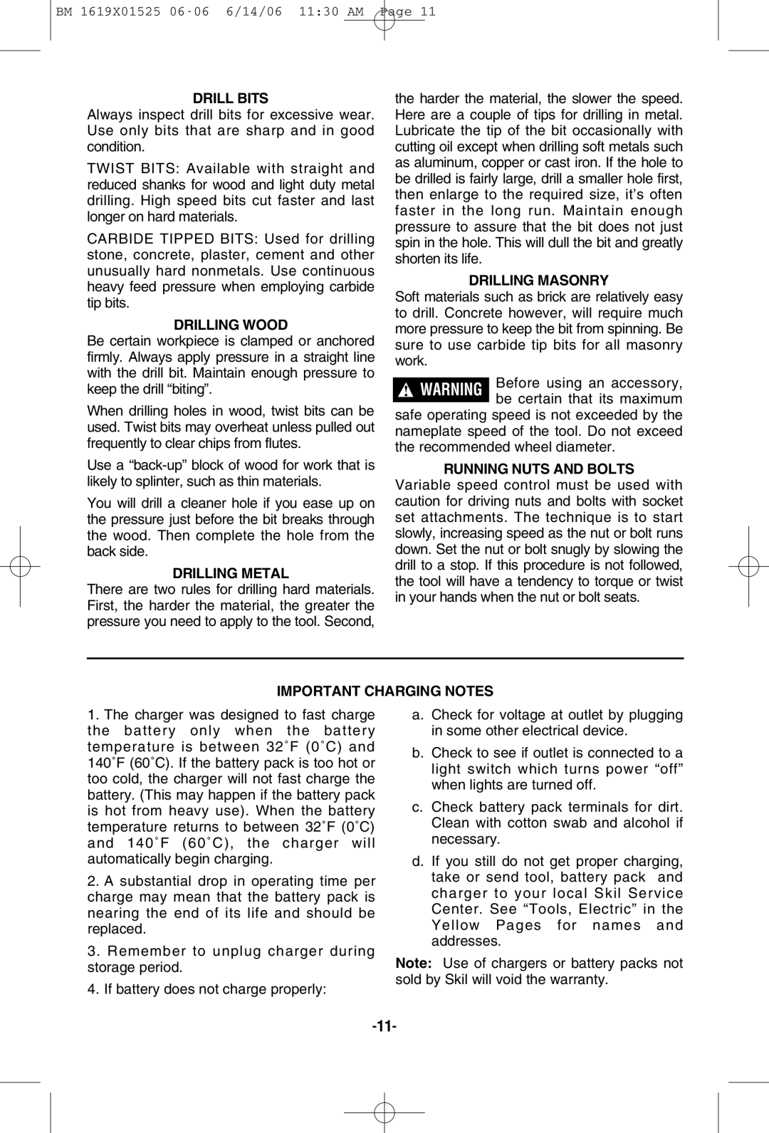 Skil 2410 Drill Bits, Drilling Wood, Drilling Metal, Drilling Masonry, Running Nuts and Bolts, Important Charging Notes 