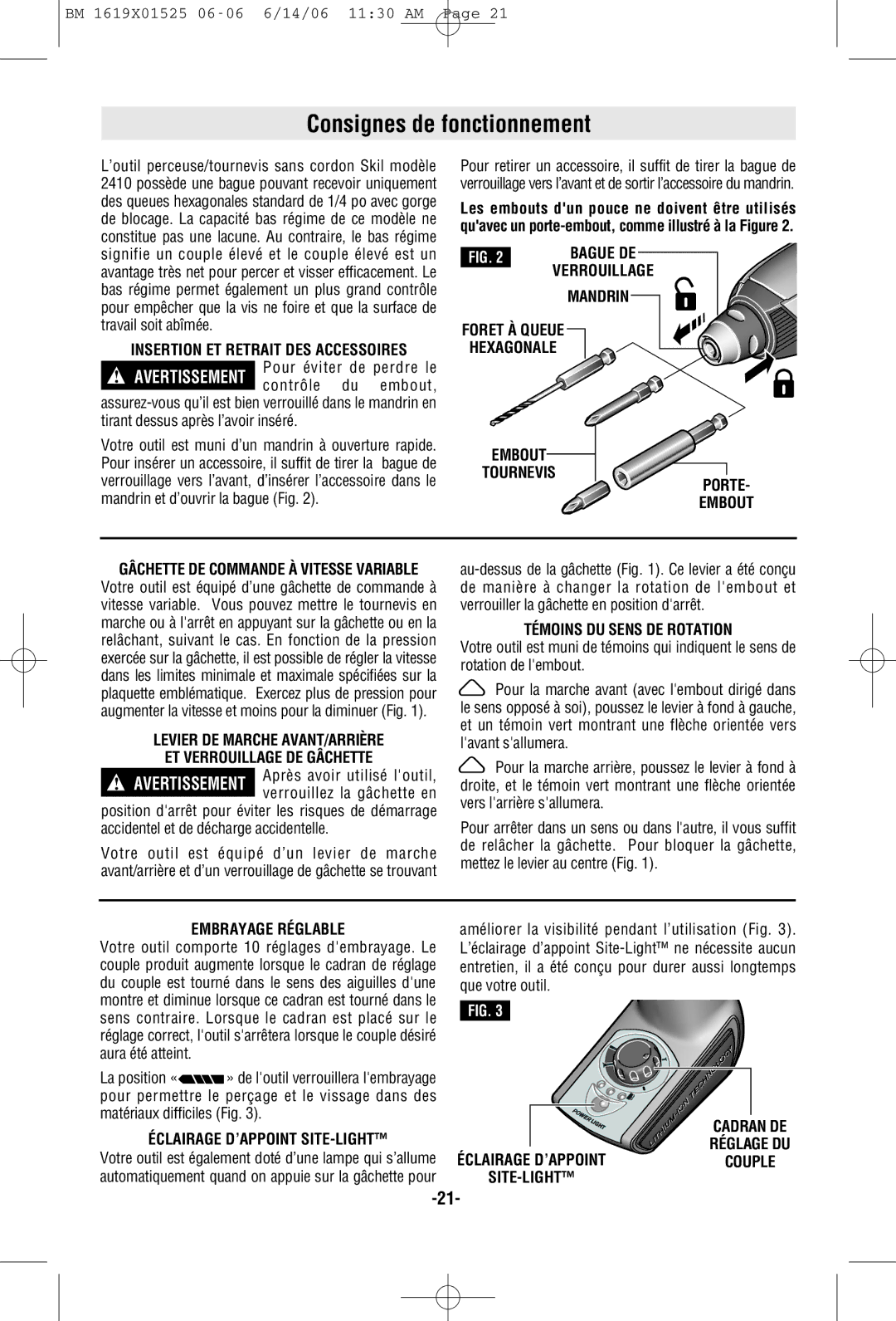 Skil 2410 manual Consignes de fonctionnement 