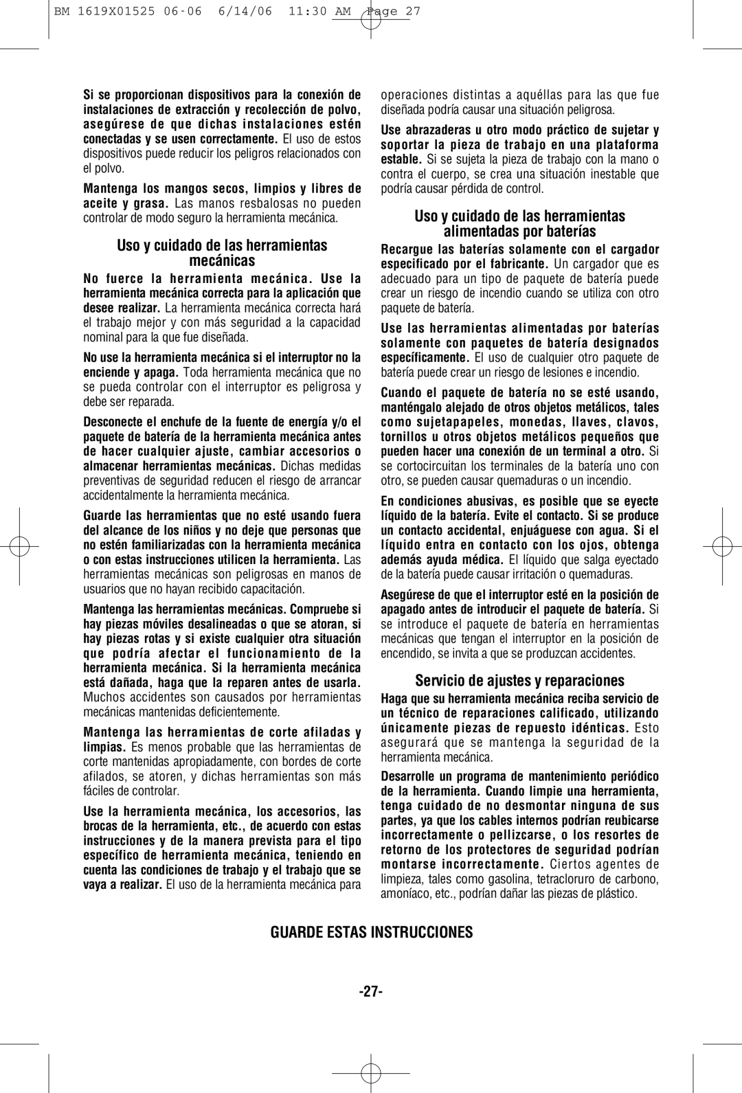 Skil 2410 manual Mecánicas, Uso y cuidado de las herramientas Alimentadas por baterías, Servicio de ajustes y reparaciones 