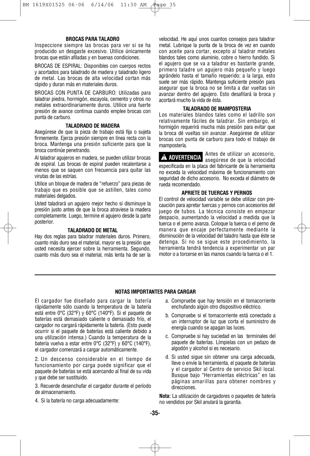 Skil 2410 manual Brocas Para Taladro, Taladrado DE Madera, Taladrado DE Metal, Taladrado DE Mamposteria 