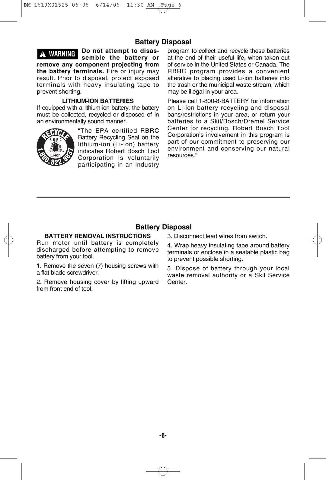 Skil 2410 manual Battery Disposal, LITHIUM-ION Batteries, Battery Removal Instructions 