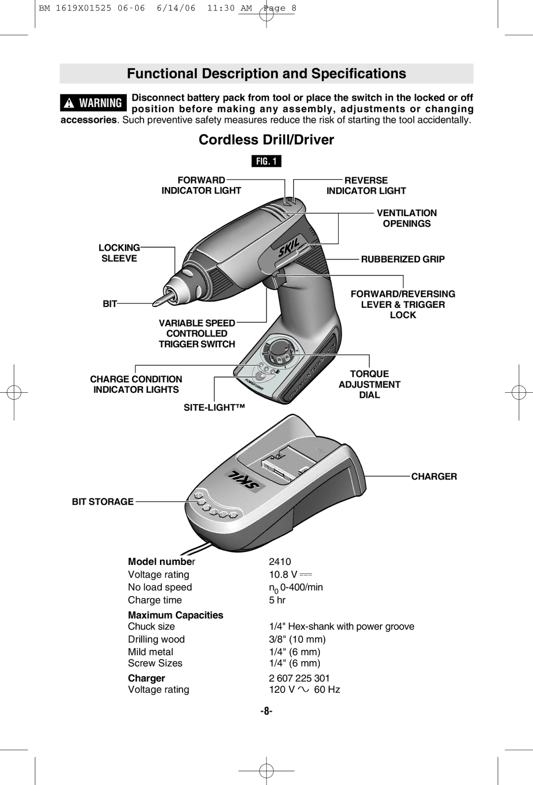 Skil 2410 manual Functional Description and Specifications, Cordless Drill/Driver 