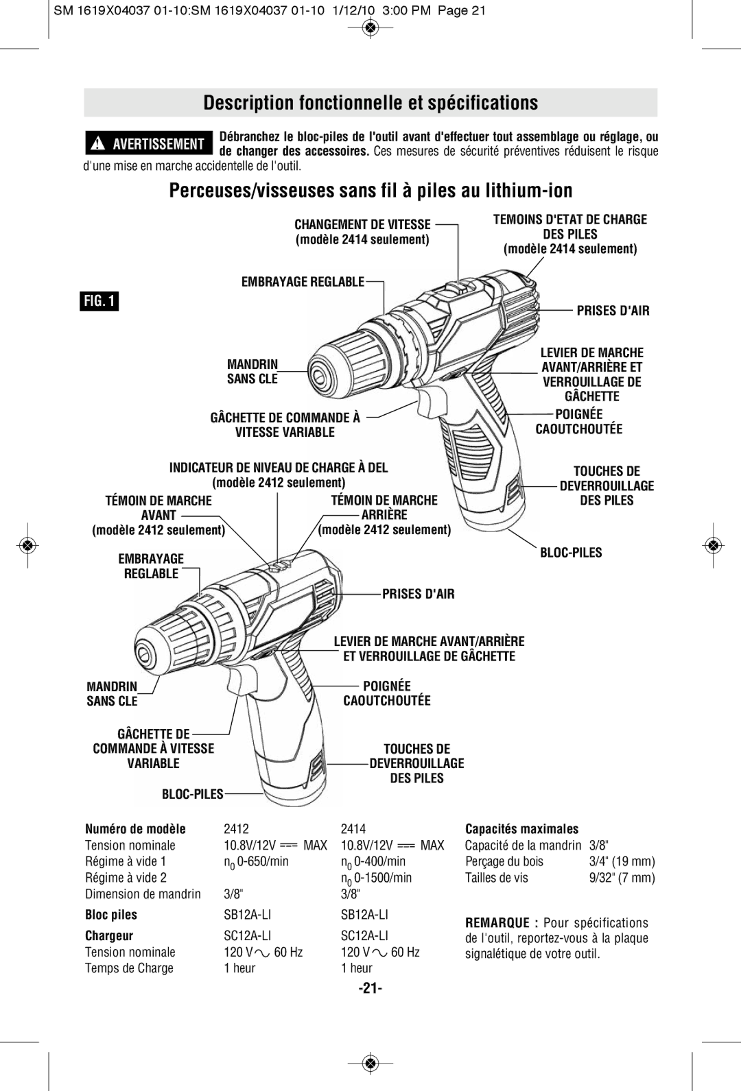 Skil 2412, 2414 manual Description fonctionnelle et spécifications, Perceuses/visseuses sans fil à piles au lithium-ion 