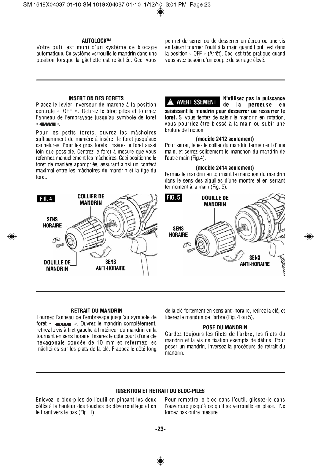 Skil 2412, 2414 manual Insertion DES Forets, Sens Horaire, Collier DE, Pose DU Mandrin, Insertion ET Retrait DU BLOC-PILES 