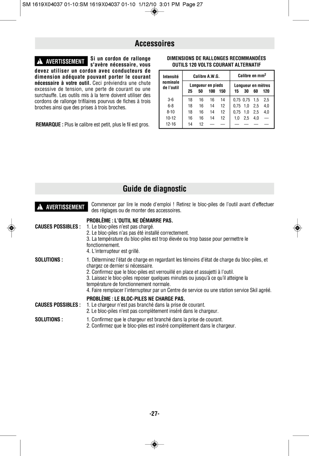 Skil 2412, 2414 Accessoires, Guide de diagnostic, Problème L’OUTIL NE Démarre PAS, Problème LE BLOC-PILES NE Charge PAS 