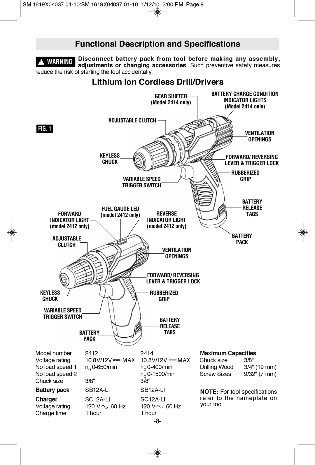 Skil 2414, 2412 manual Functional Description and Specifications, Lithium Ion Cordless Drill/Drivers 