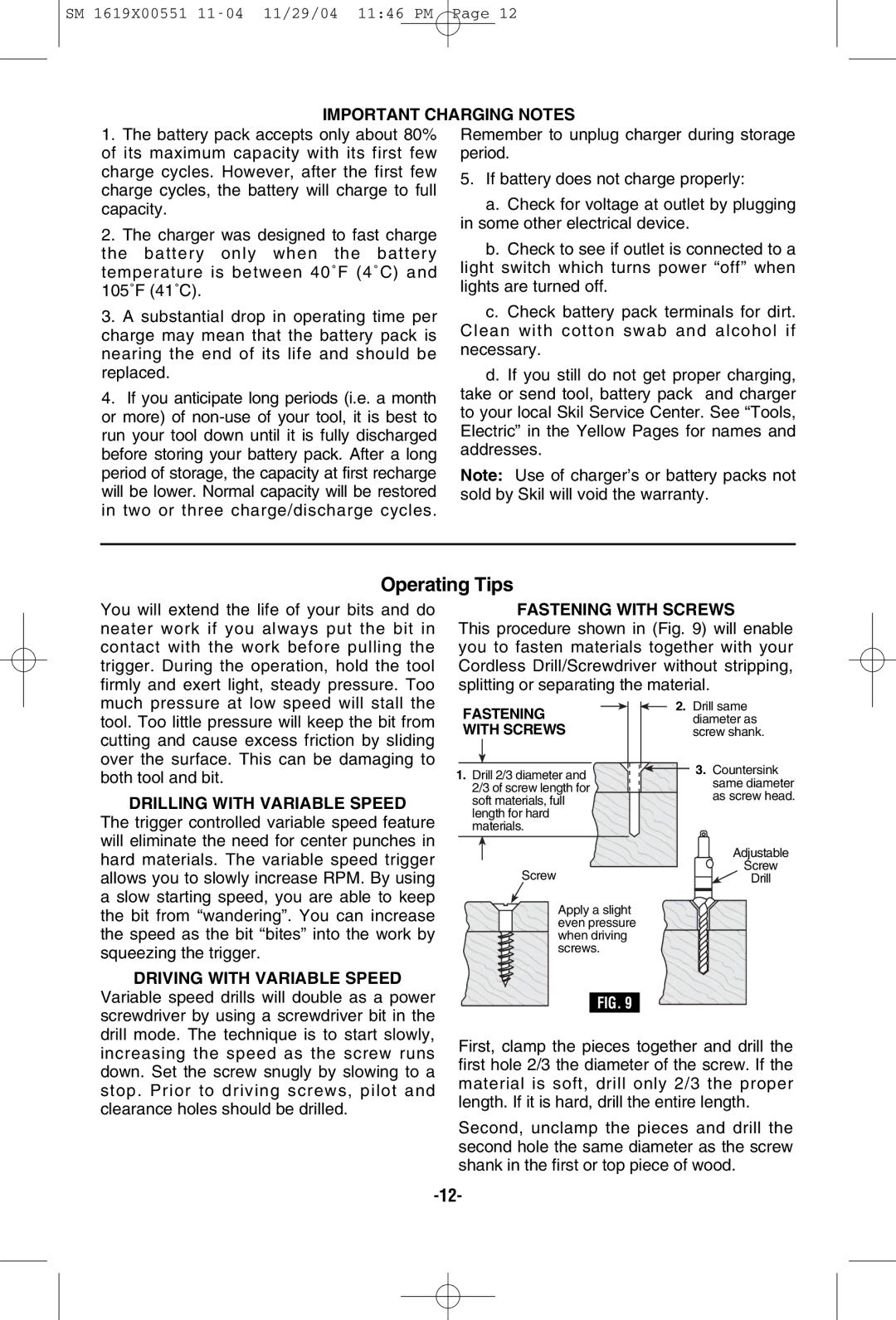 Skil 2466 2566 2866 manual Operating Tips, Important Charging Notes, Fastening with Screws, Drilling with Variable Speed 