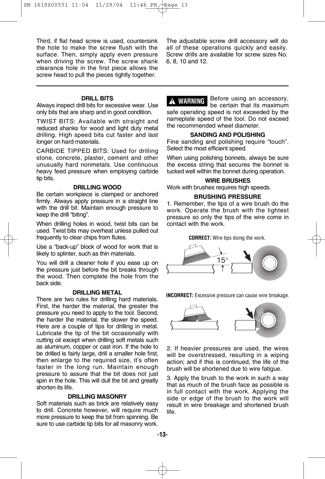 Skil 2466 2566 2866 manual Drill Bits, Drilling Wood, Drilling Metal, Drilling Masonry, Sanding and Polishing, Wire Brushes 