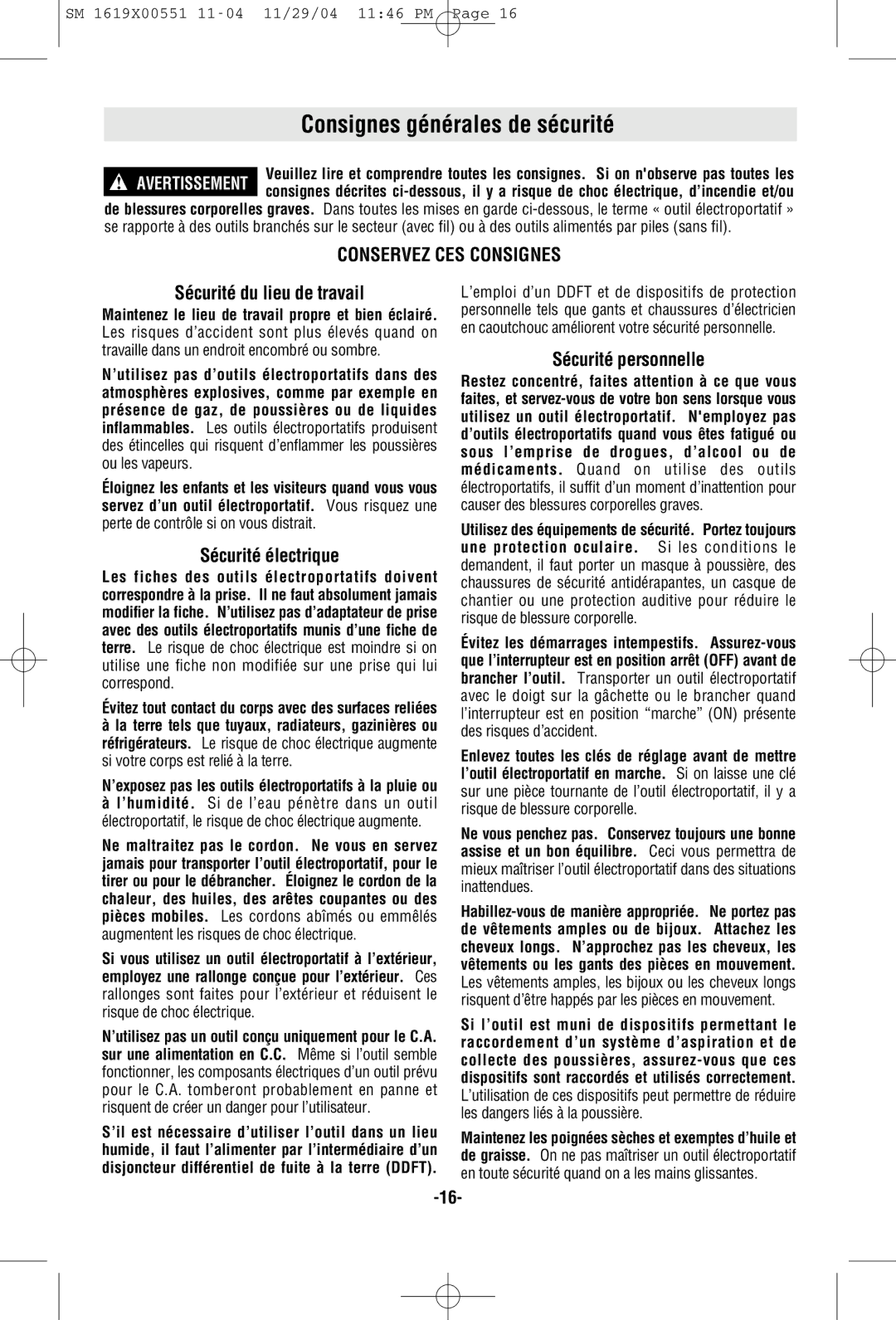 Skil 2466 2566 2866 manual Consignes générales de sécurité, Sécurité du lieu de travail, Sécurité électrique 