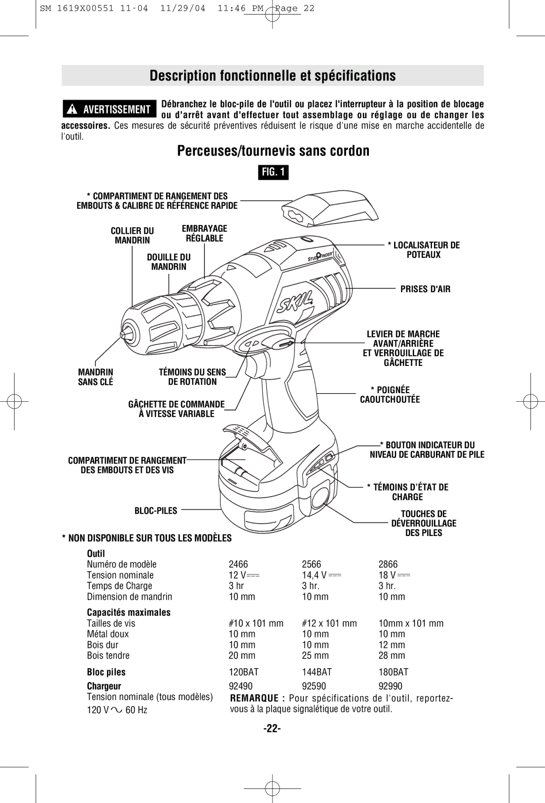 Skil 2466 2566 2866 manual Description fonctionnelle et spécifications, Perceuses/tournevis sans cordon, Outil 