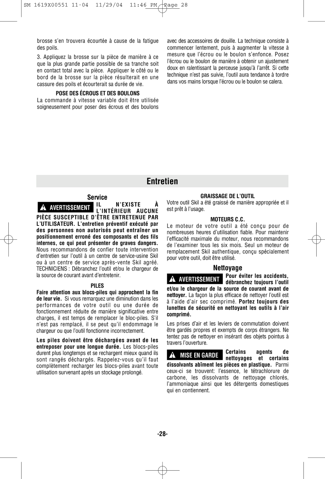 Skil 2466 2566 2866 manual Entretien, Nettoyage 