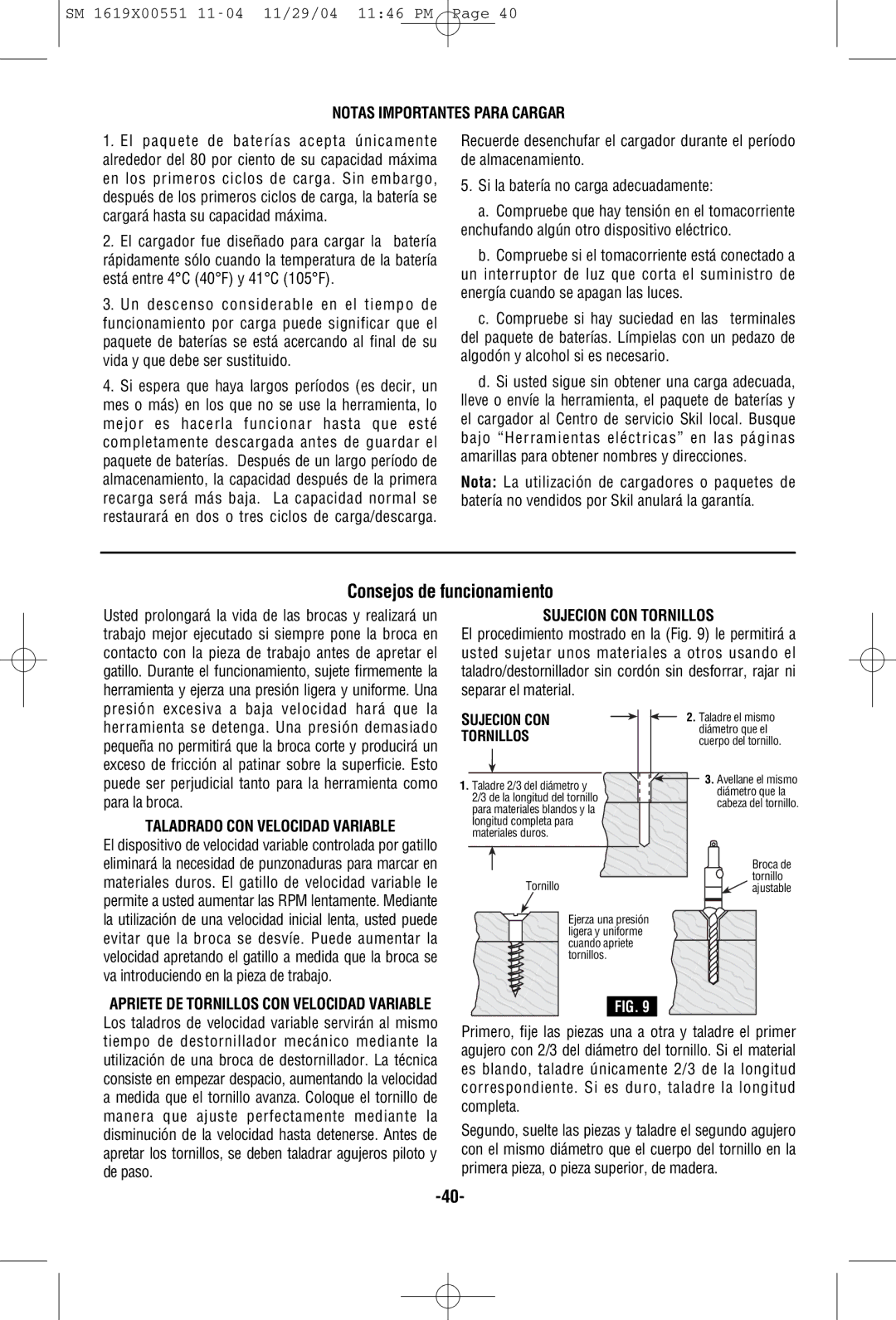 Skil 2466 2566 2866 manual Consejos de funcionamiento, Notas Importantes Para Cargar, Sujecion CON Tornillos 