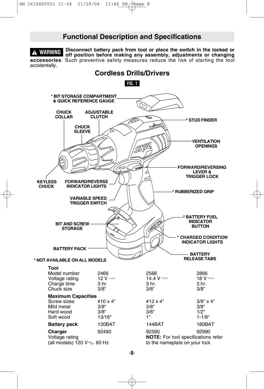 Skil 2466 2566 2866 manual Functional Description and Specifications, Cordless Drills/Drivers 