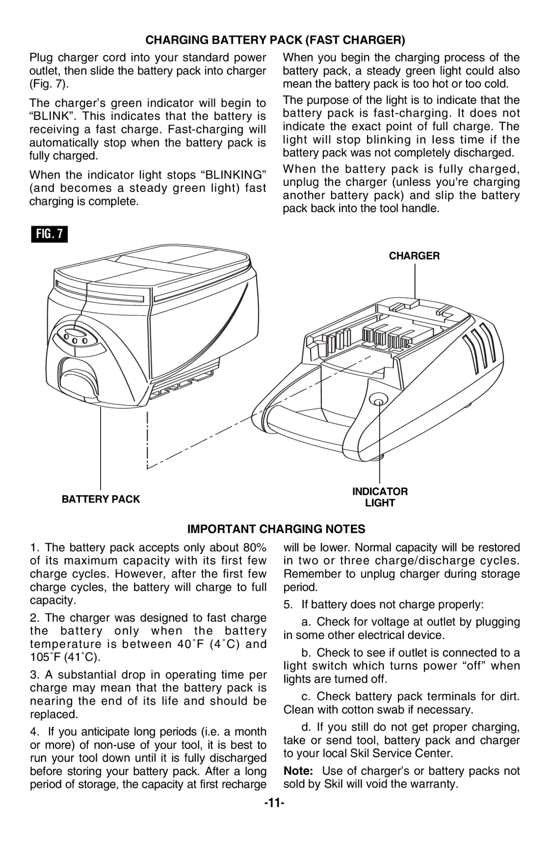 Skil 2487 2587 2887 manual Charging Battery Pack Fast Charger, Important Charging Notes 