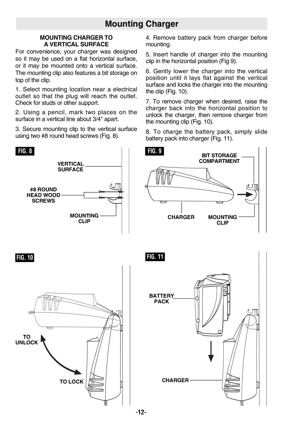 Skil 2487 2587 2887 manual Mounting Charger to Vertical Surface 