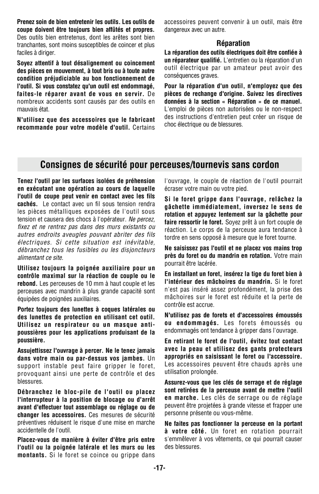 Skil 2487 2587 2887 manual Consignes de sécurité pour perceuses/tournevis sans cordon, Réparation 