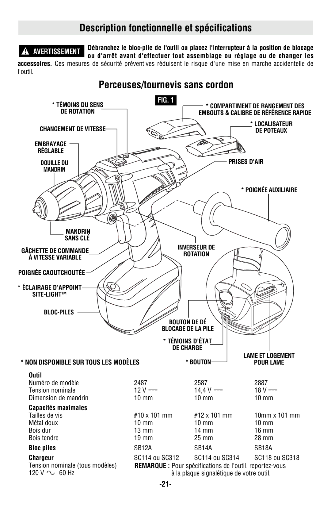 Skil 2487 2587 2887 manual Description fonctionnelle et spécifications, Perceuses/tournevis sans cordon, Outil 