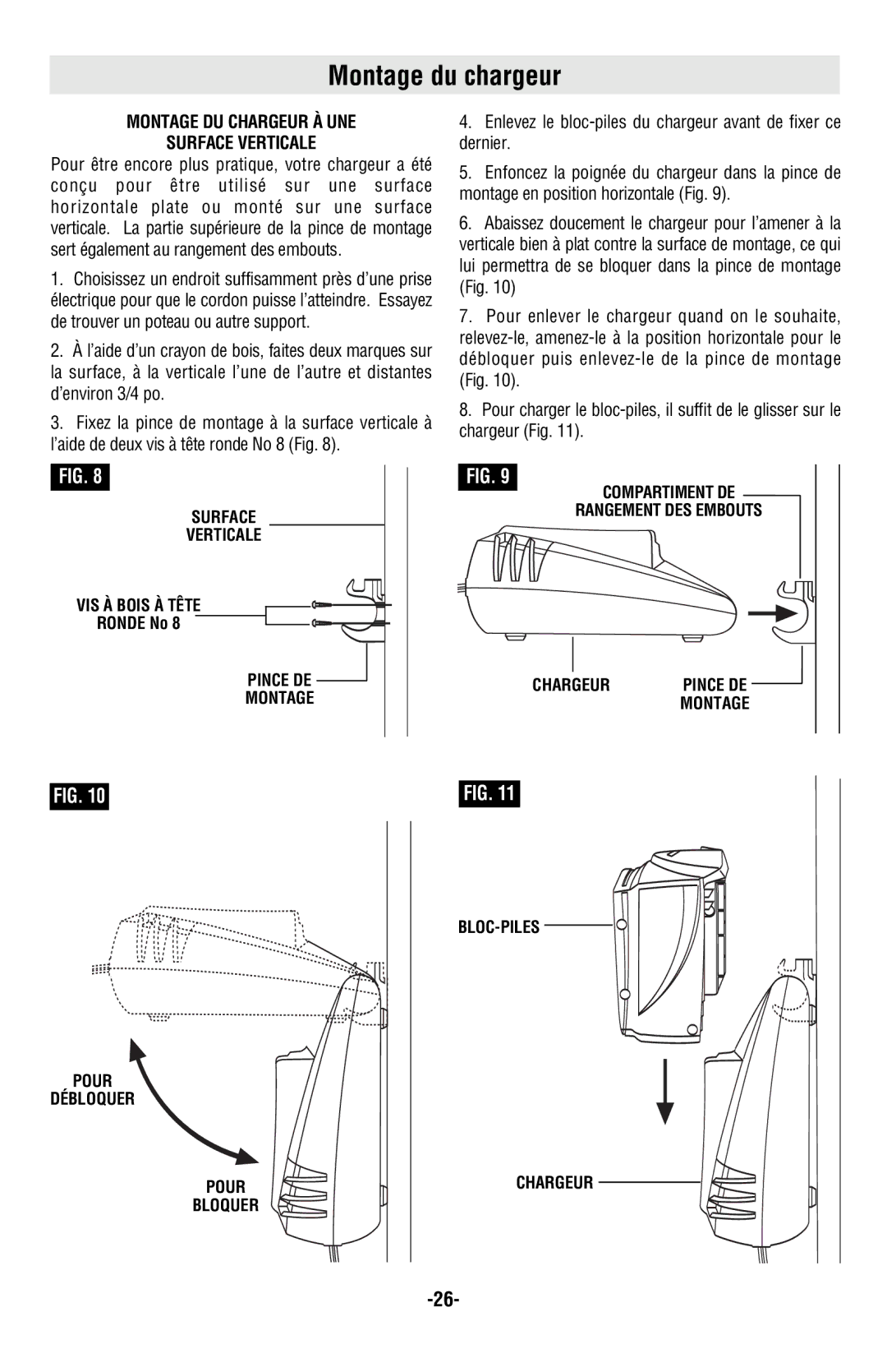 Skil 2487 2587 2887 manual Montage du chargeur, Montage DU Chargeur À UNE Surface Verticale 