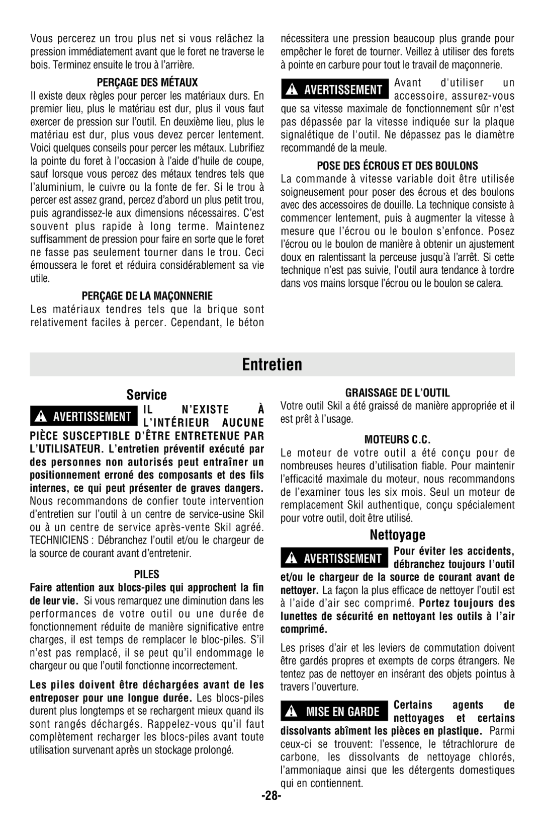 Skil 2487 2587 2887 manual Entretien, Nettoyage 