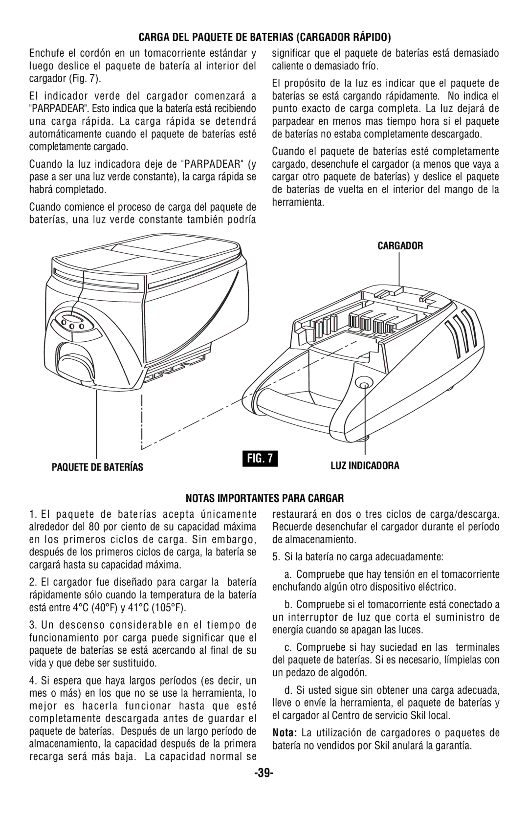 Skil 2487 2587 2887 manual Carga DEL Paquete DE Baterias Cargador Rápido, Notas Importantes Para Cargar 