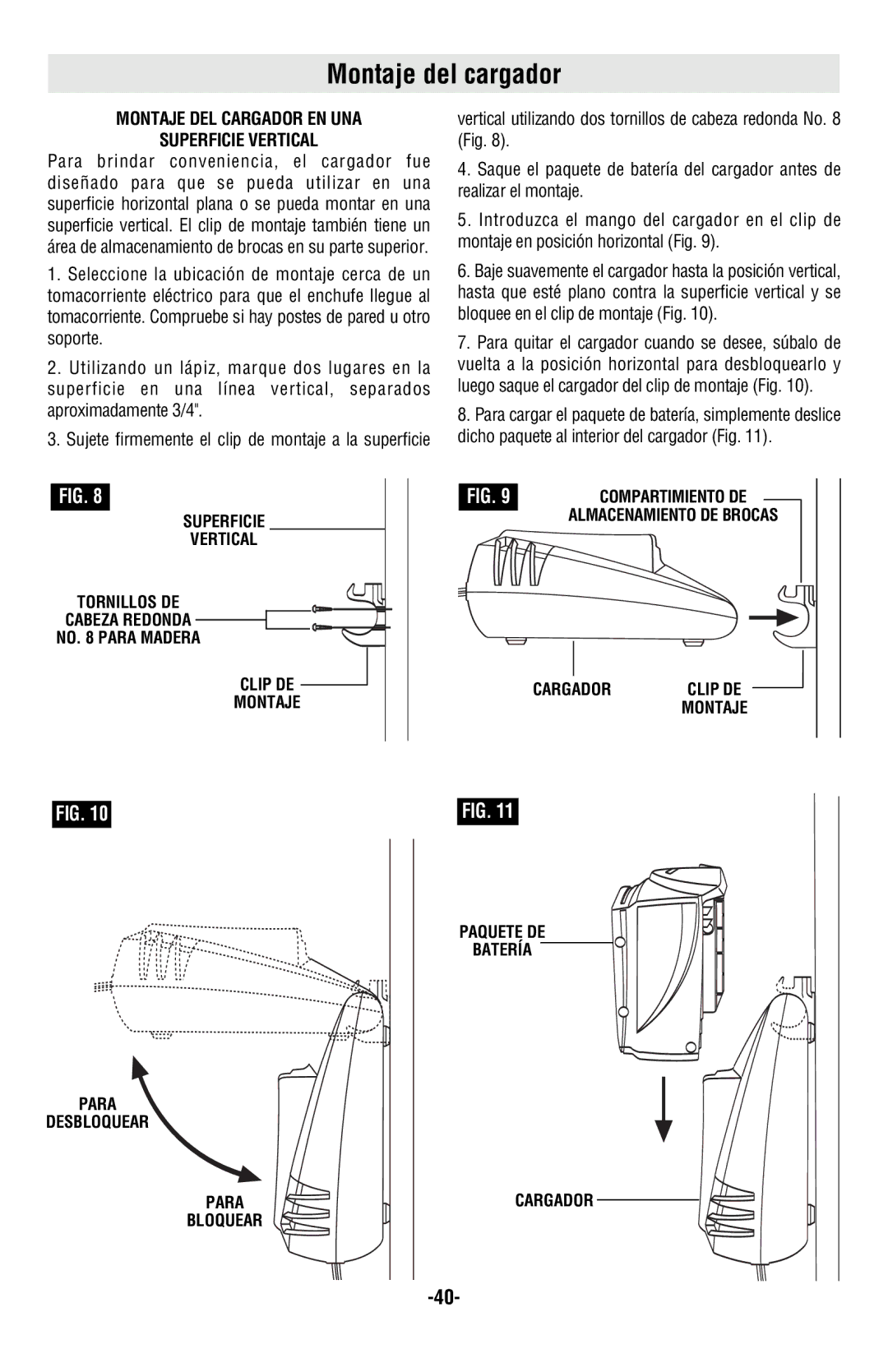 Skil 2487 2587 2887 manual Montaje del cargador, Montaje DEL Cargador EN UNA Superficie Vertical 