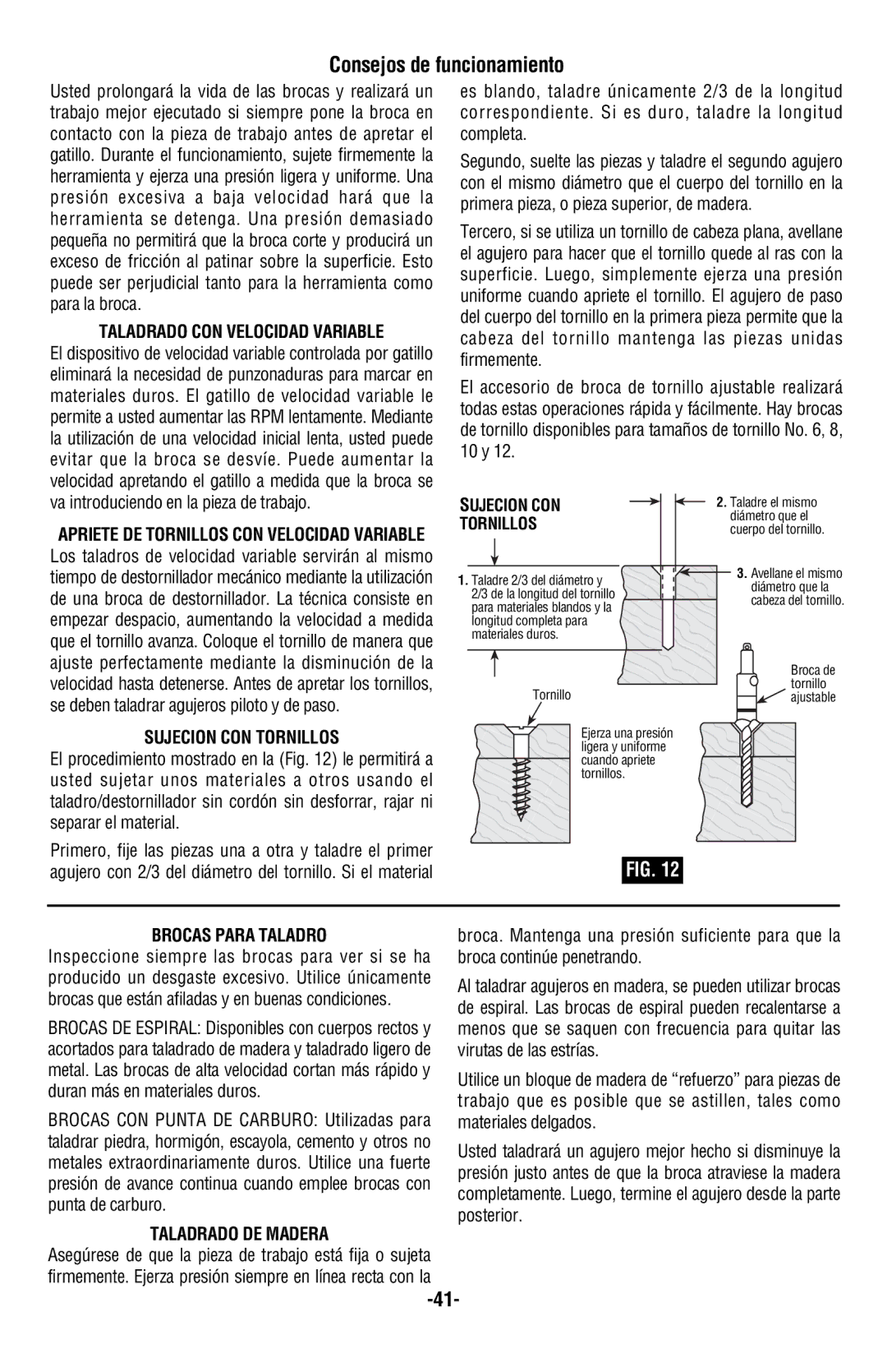 Skil 2487 2587 2887 manual Consejos de funcionamiento, Taladrado CON Velocidad Variable, Sujecion CON Tornillos 