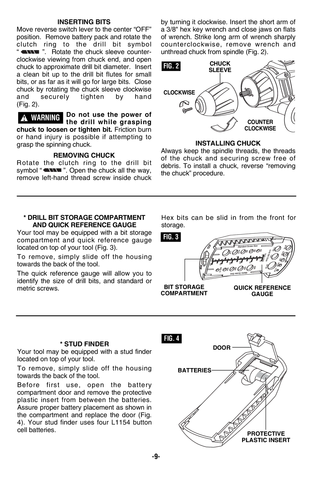 Skil 2487 2587 2887 manual Inserting Bits, Removing Chuck, Installing Chuck, Stud Finder 