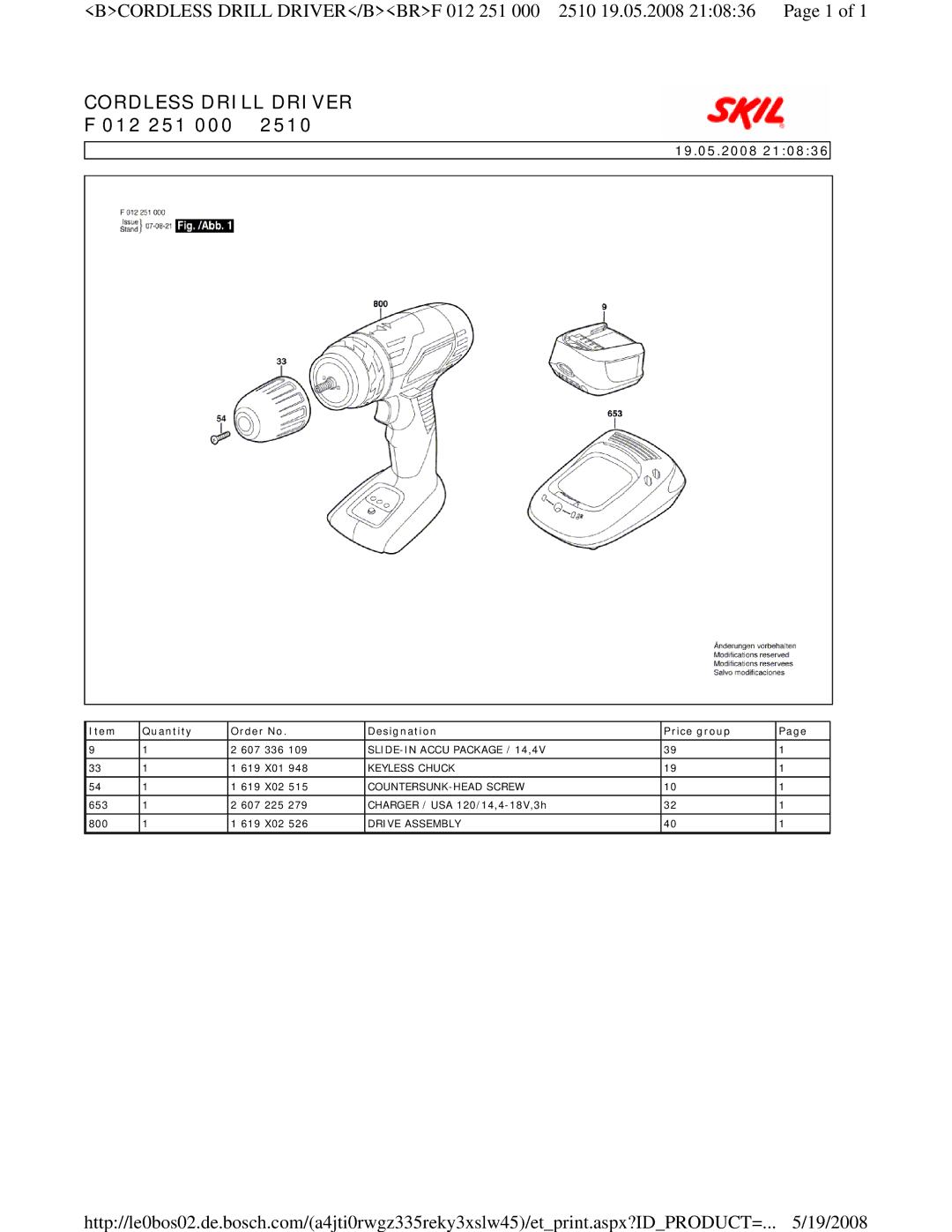 Skil manual Cordless Drill Driver, 012 251 000, 19.05.2008, Quantity Order No Designation Price group 