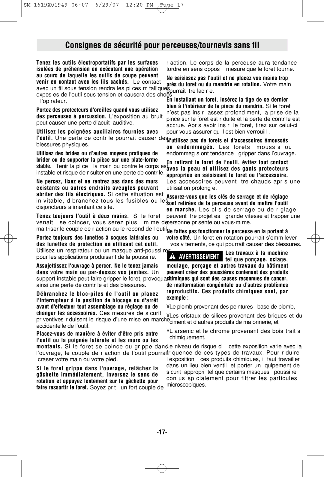 Skil 2510 manual Consignes de sécurité pour perceuses/tournevis sans fil, Le plomb provenant des peintures à base de plomb 