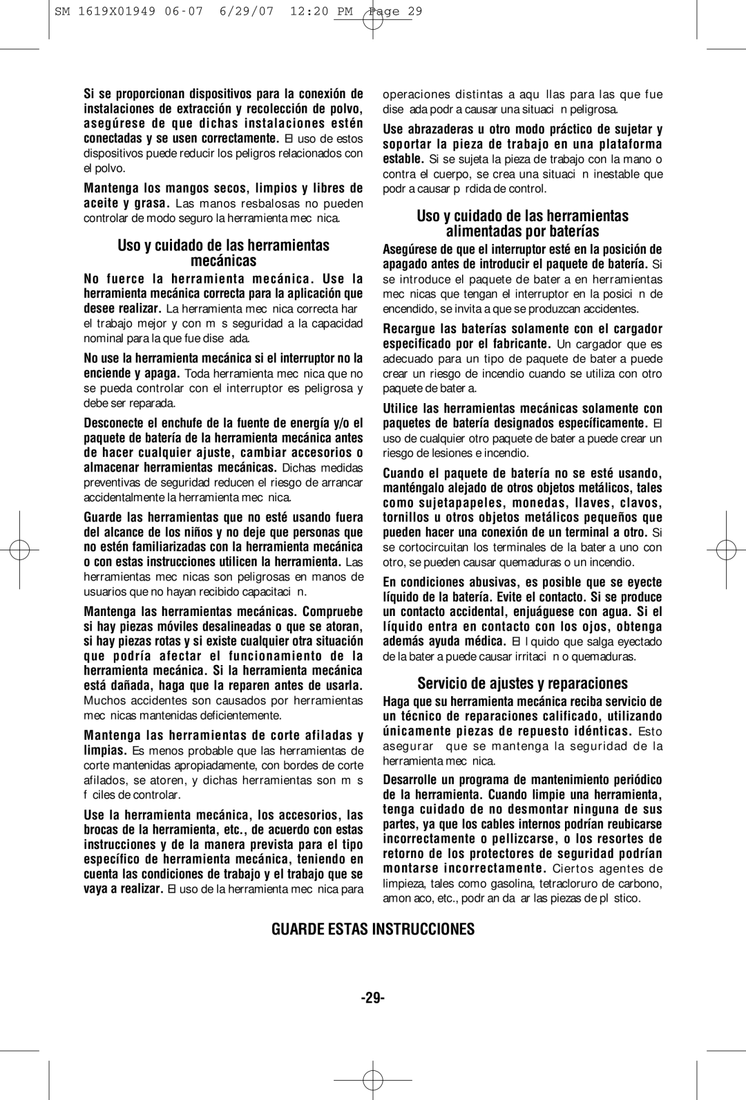 Skil 2510 manual Mecánicas, Uso y cuidado de las herramientas Alimentadas por baterías, Servicio de ajustes y reparaciones 