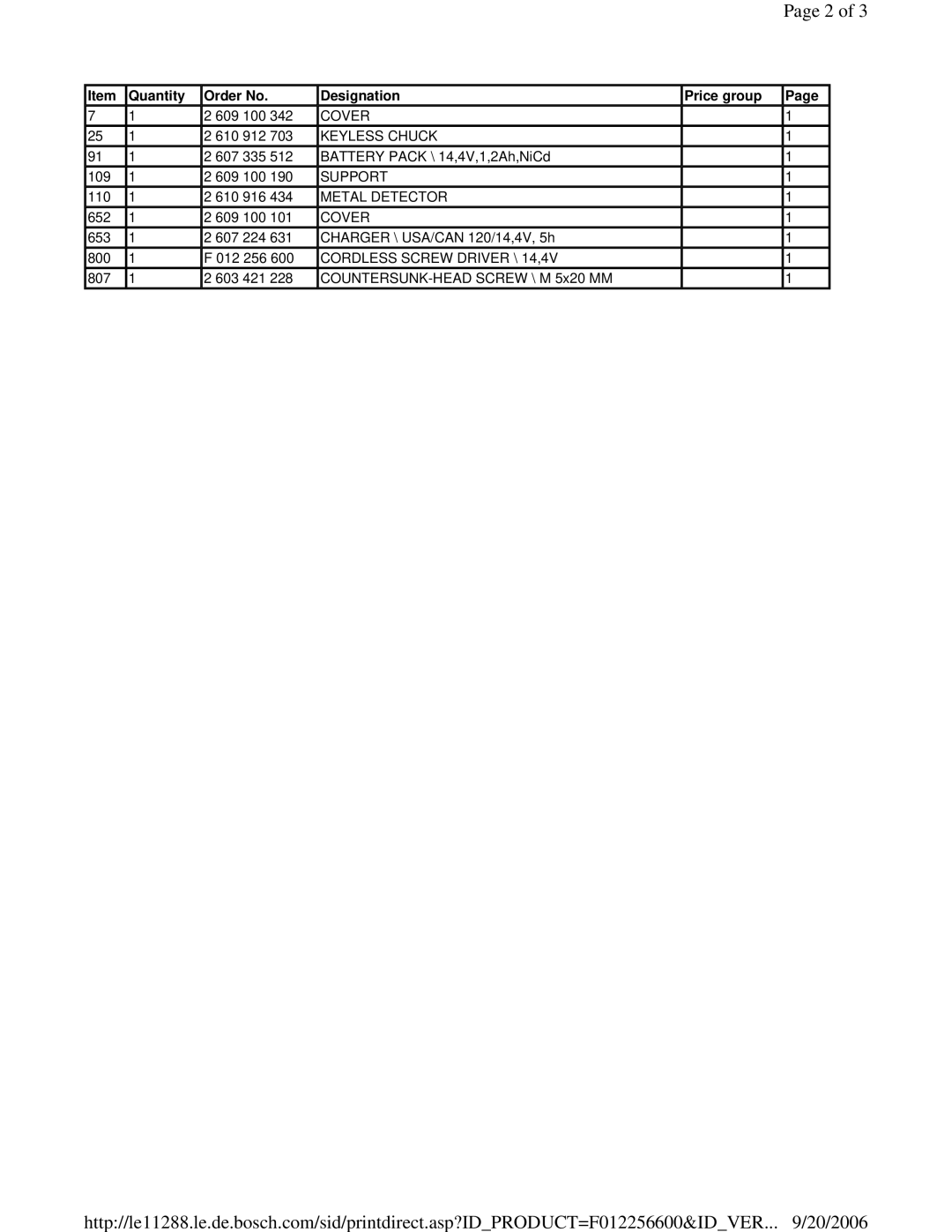 Skil 2566-03 manual Quantity Order No Designation Price group 