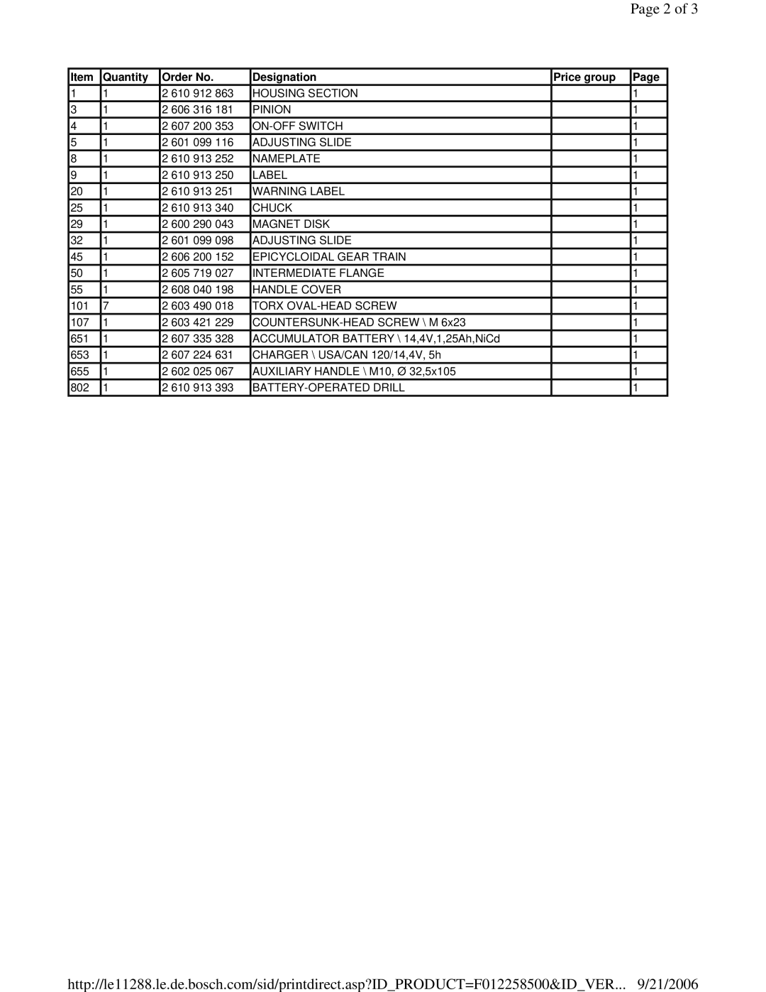 Skil 2585-04 manual Quantity Order No Designation Price group 