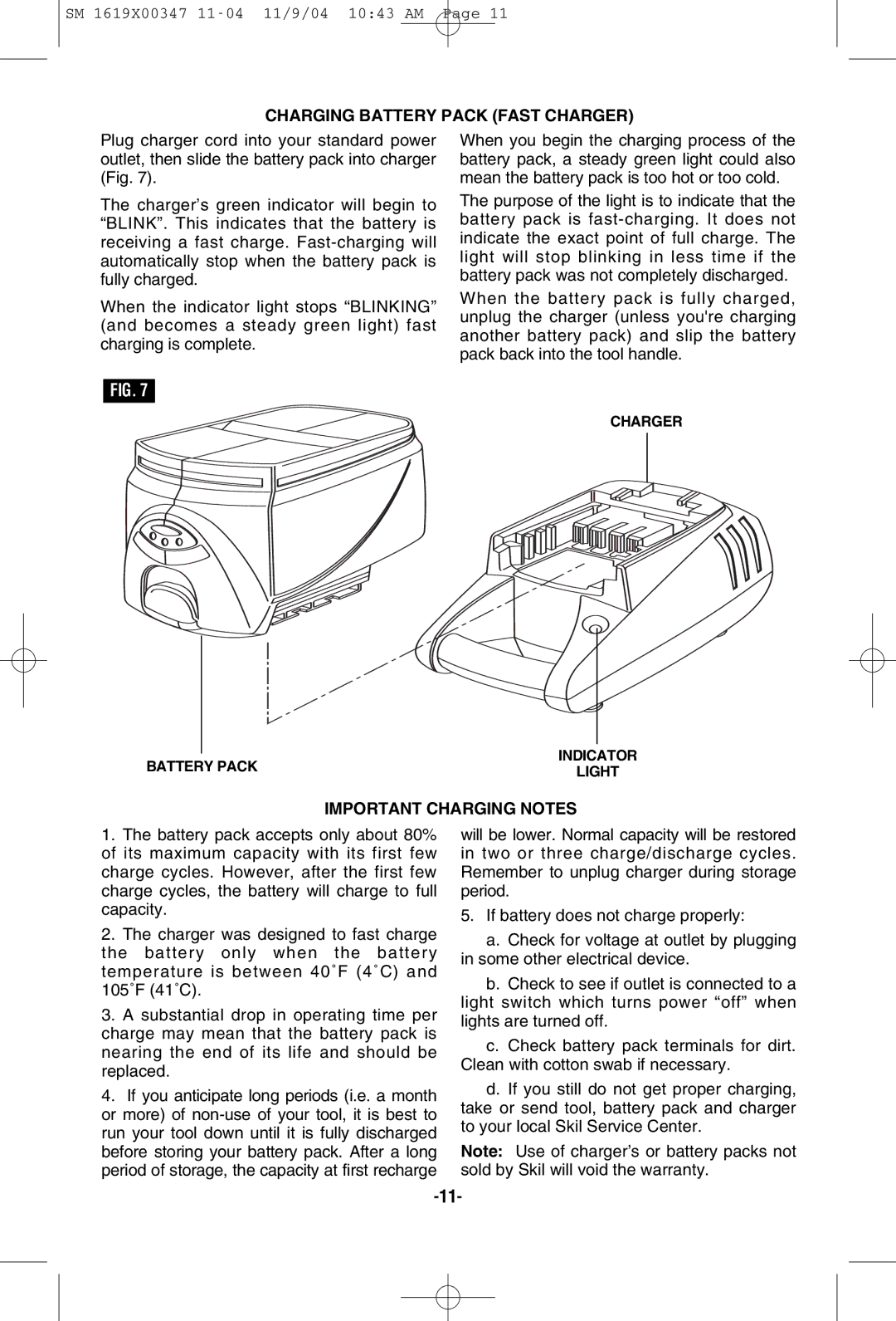 Skil 2487, 2587, 2887 manual Charging Battery Pack Fast Charger, Important Charging Notes 