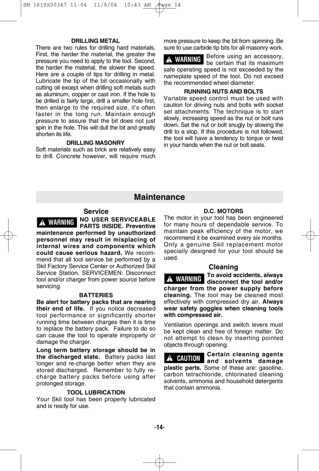 Skil 2487, 2587, 2887 manual Maintenance, Cleaning 