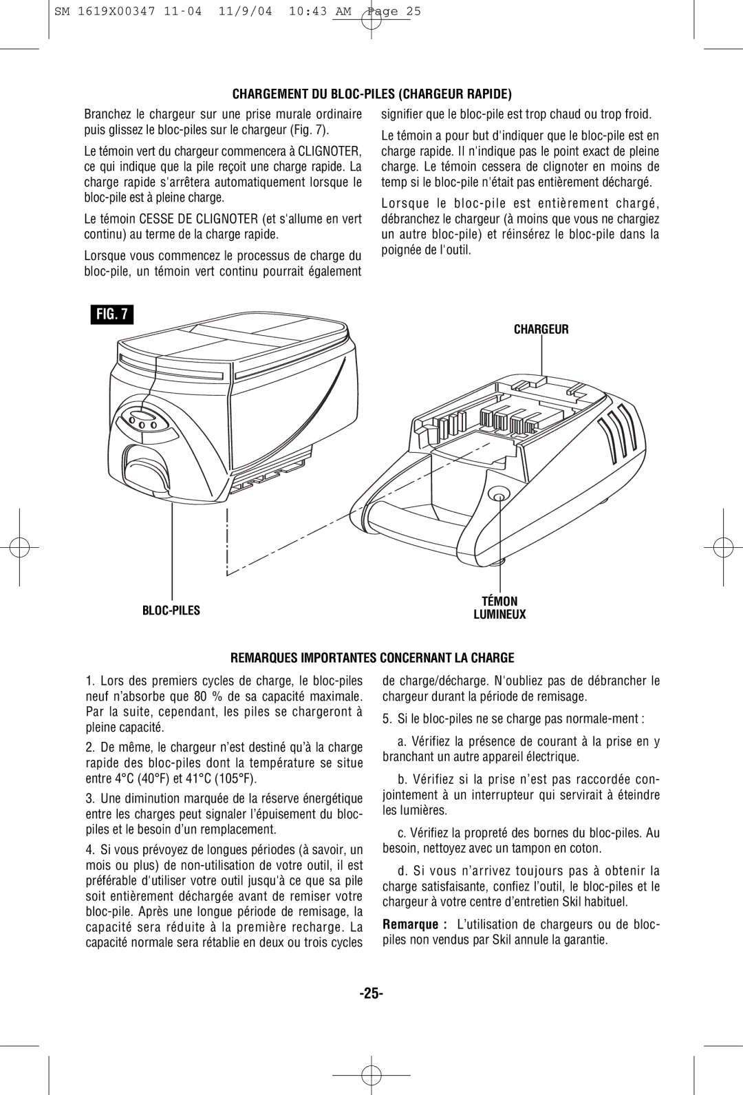 Skil 2887, 2587, 2487 Chargement DU BLOC-PILES Chargeur Rapide, Signifier que le bloc-pile est trop chaud ou trop froid 