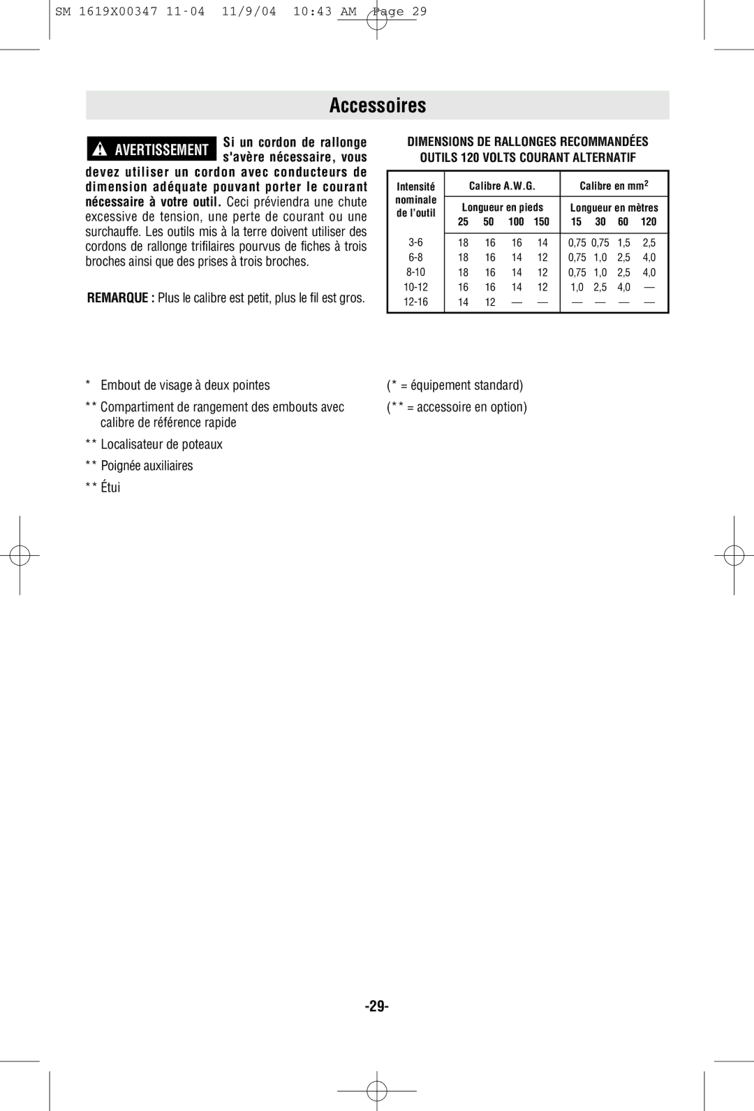 Skil 2487, 2587, 2887 manual Accessoires, = équipement standard = accessoire en option 