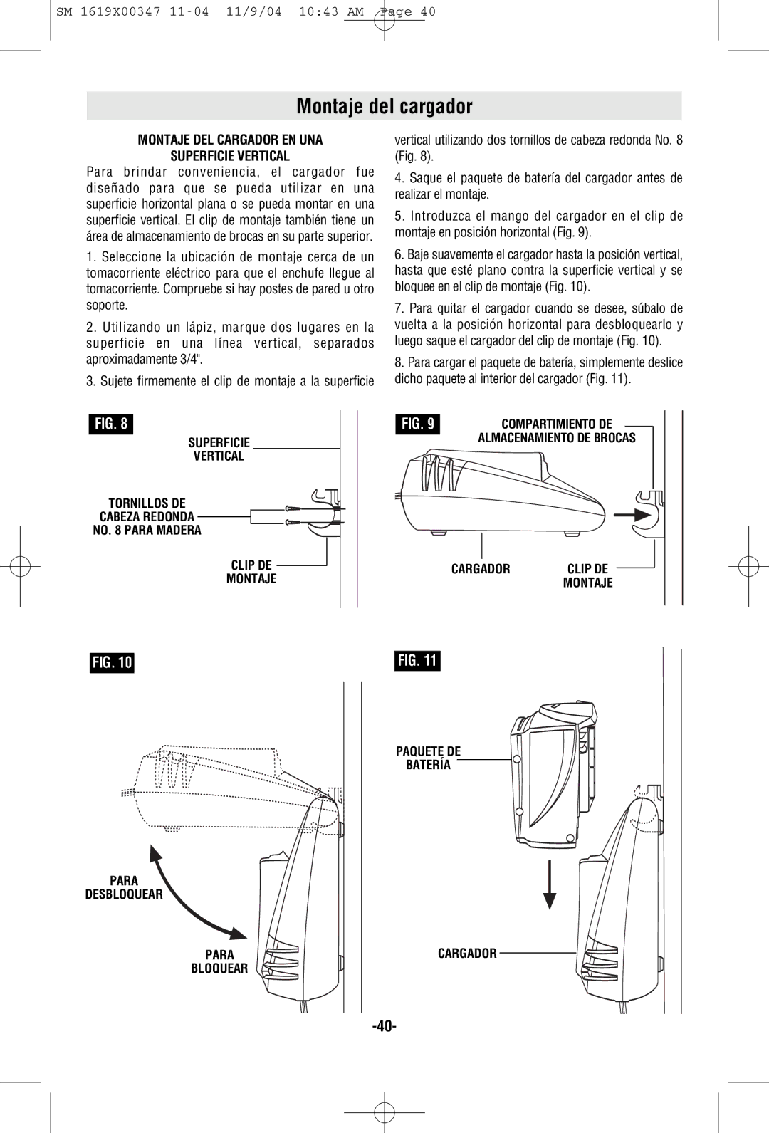 Skil 2887, 2587, 2487 manual Montaje del cargador, Montaje DEL Cargador EN UNA Superficie Vertical 