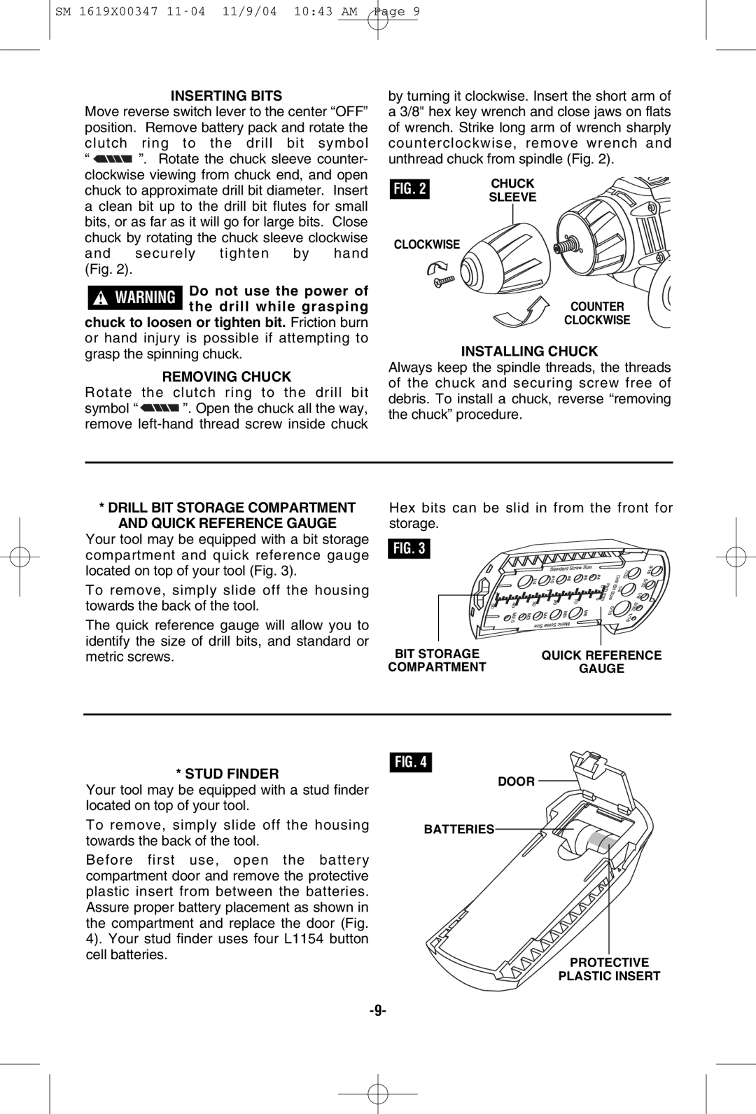 Skil 2587, 2887 Inserting Bits, Removing Chuck, Installing Chuck, Drill BIT Storage Compartment and Quick Reference Gauge 