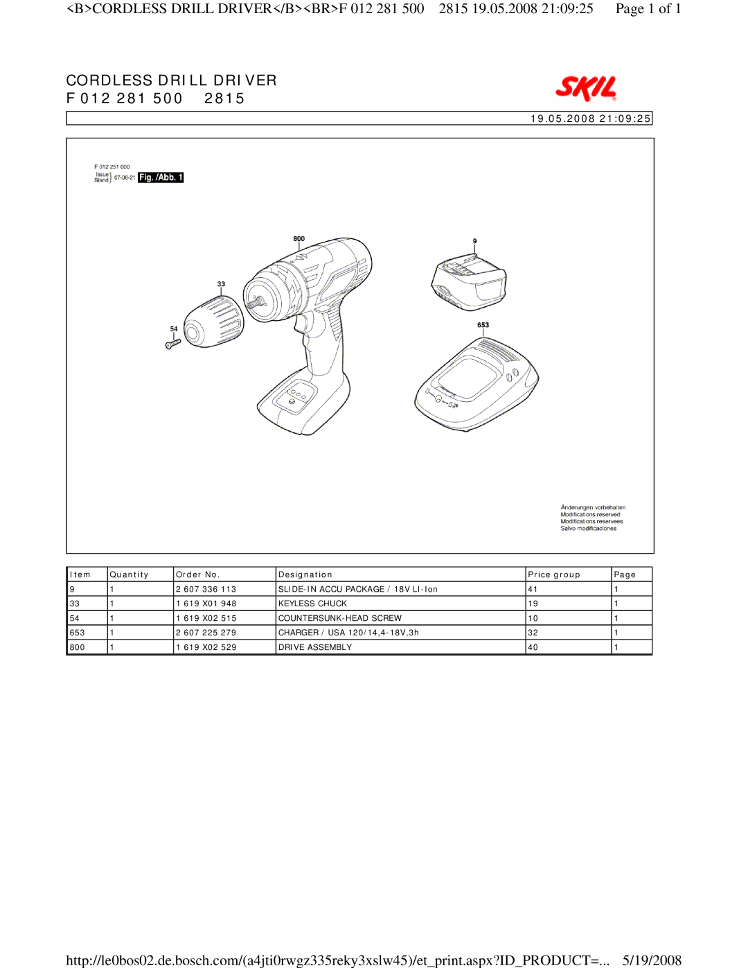 Skil 2815-02 manual Cordless Drill Driver, 012 281 500, 19.05.2008, Quantity Order No Designation Price group 