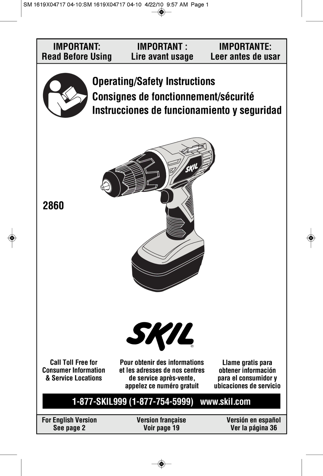 Skil 2860 manual Read Before Using, SM 1619X04717 04-10SM 1619X04717 04-10 4/22/10 957 AM, See Voir Ver la página 