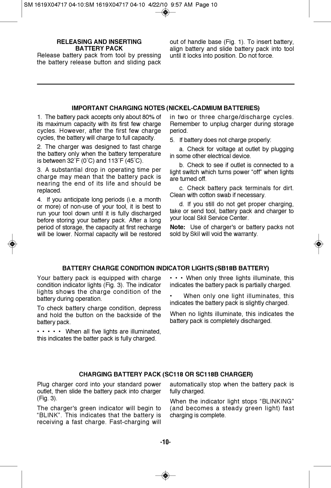 Skil 2860 manual Releasing and Inserting Battery Pack, Important Charging Notes NICKEL-CADMIUM Batteries 