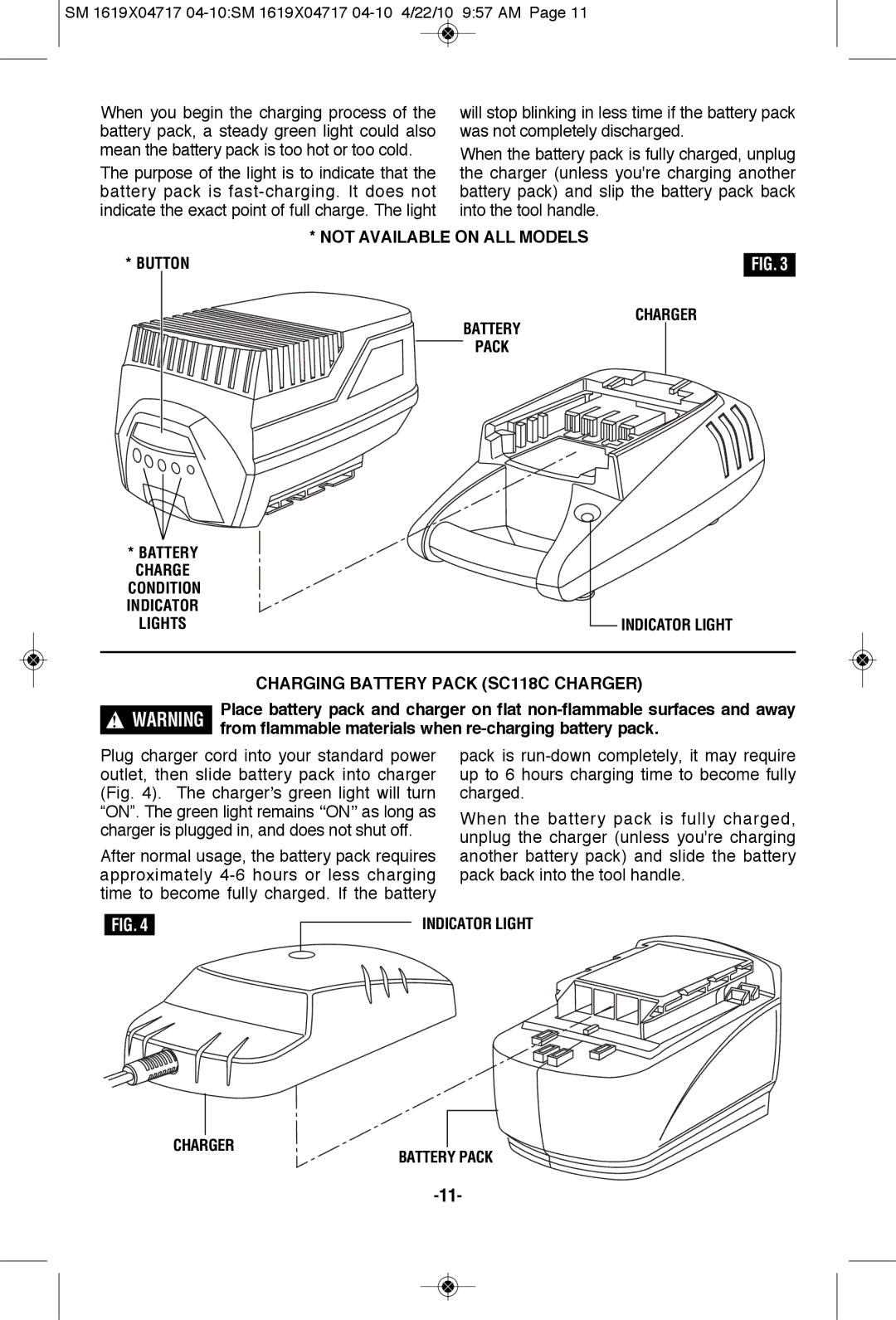 Skil 2860 manual Not Available on ALL Models, Button Charger, Indicator Light Charging Battery Pack SC118C Charger 