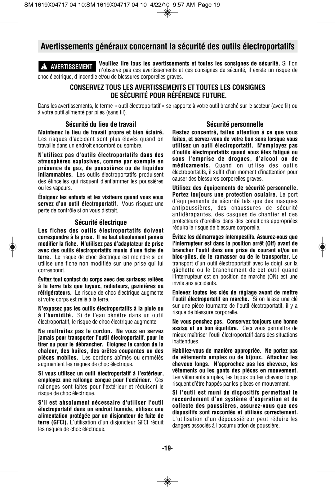 Skil 2860 manual Sécurité du lieu de travail, Sécurité électrique 